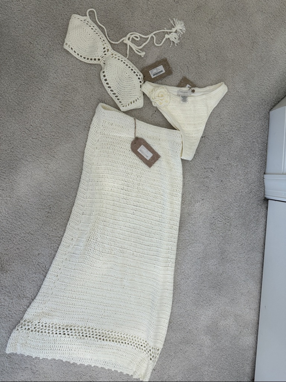Meshki Ivory Crochet Maxi Skirt, Top and bikini bottom